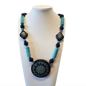 Japanese Turquoise Black Ceramic Medallion Vintage Necklace